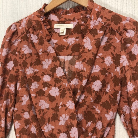Monteau Los Angeles Tops - Monteau Los Angeles Floral Print Blouse Smocked Waist Ruffle Trim Copper